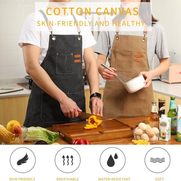 Canvas Cross Back Chef Cotton Aprons for Men Women with Large Pockets - Picture 2 of 7